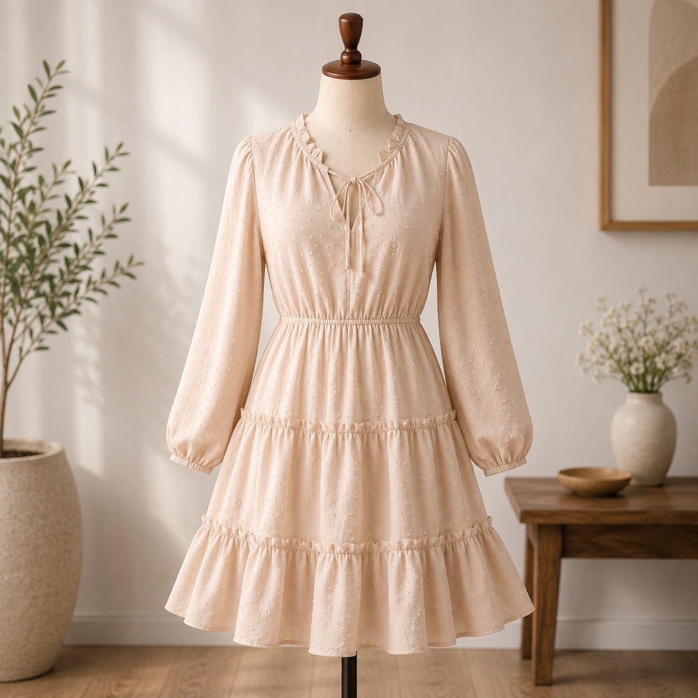 NWT Cupshe Swiss Dot Dress Womens‎ Small Beige Long Sleeve Tiered Ruffle Mini